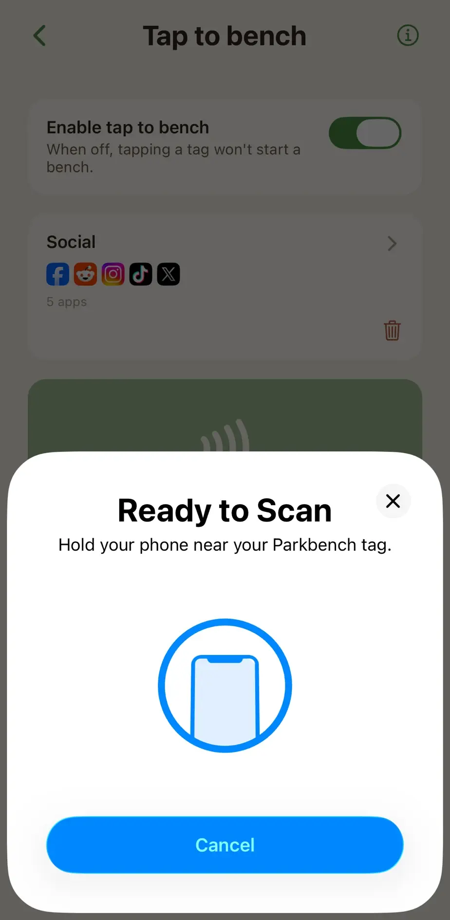 Parkbench prompting to hold the phone near an NFC tag to start a bench