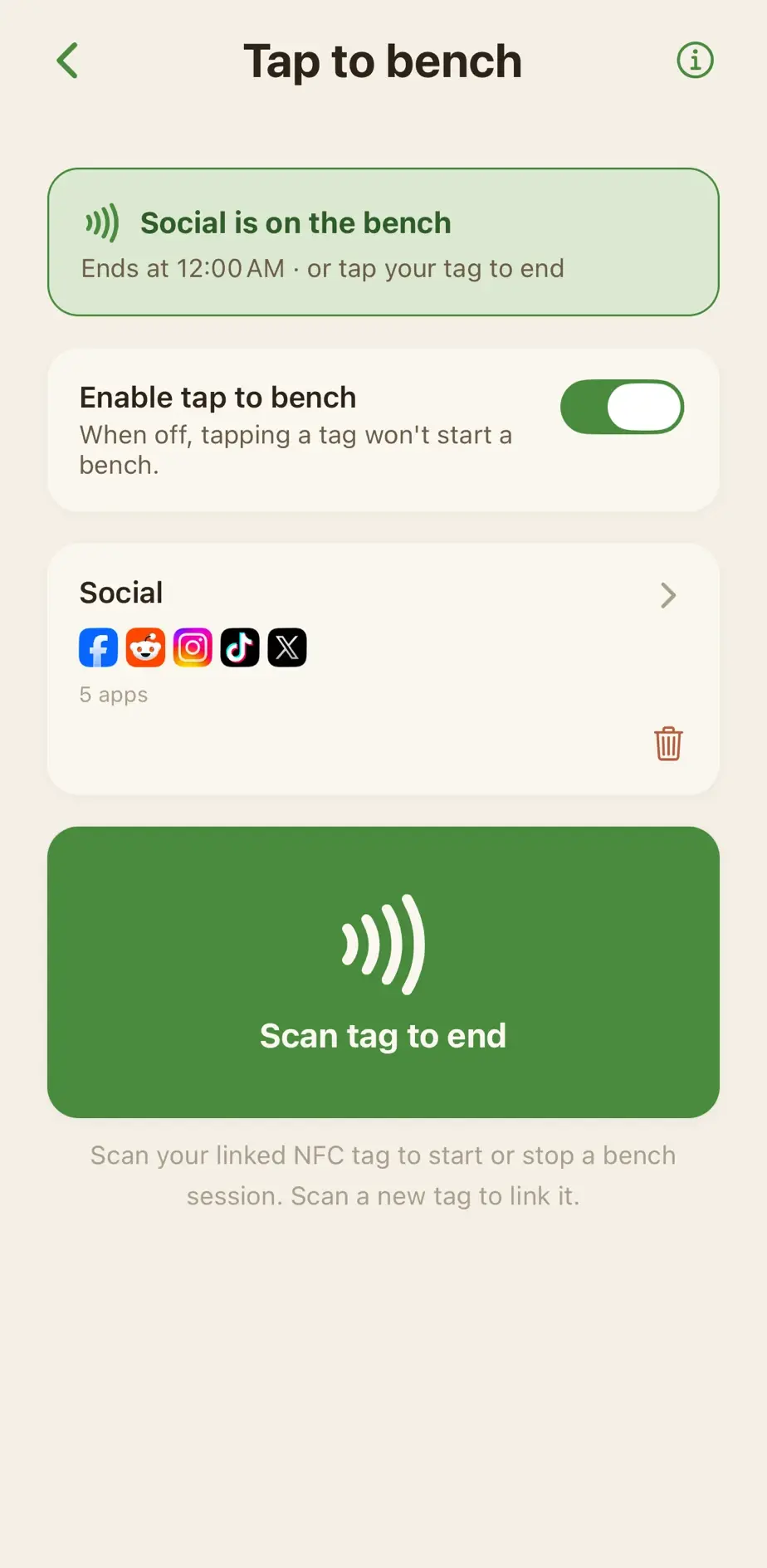 Parkbench Tap to Bench screen using an NFC tag to block a group of social apps in one tap