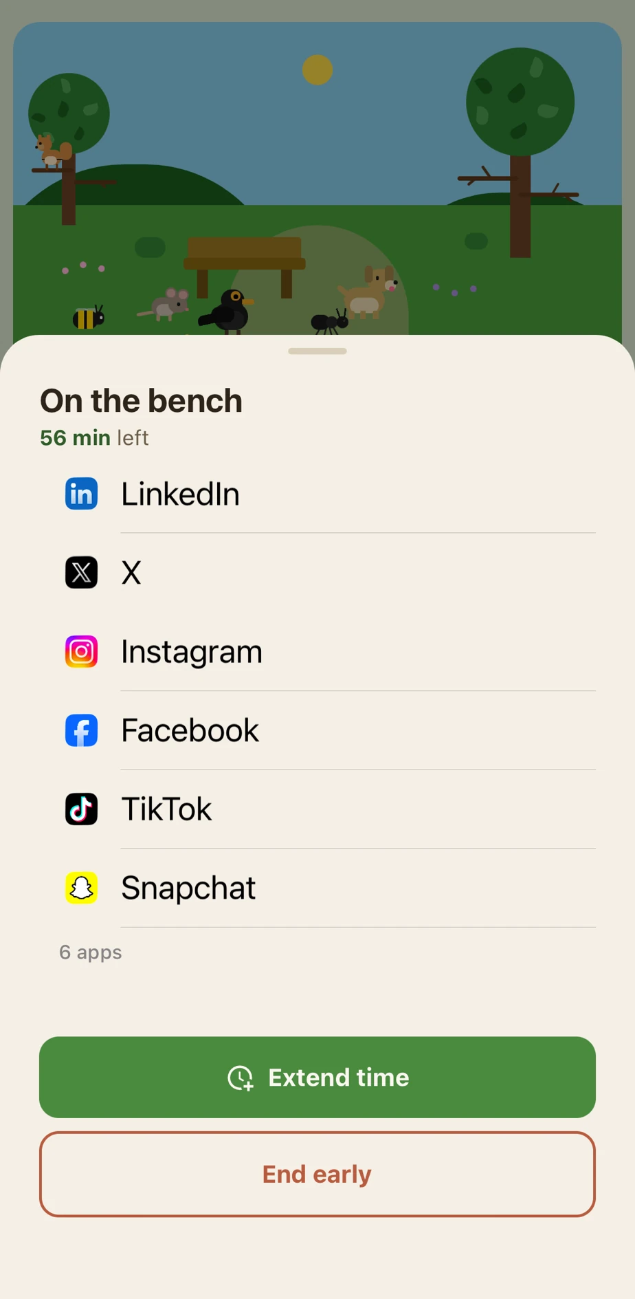 Parkbench manual bench in progress with apps blocked while the focus park fills with animals