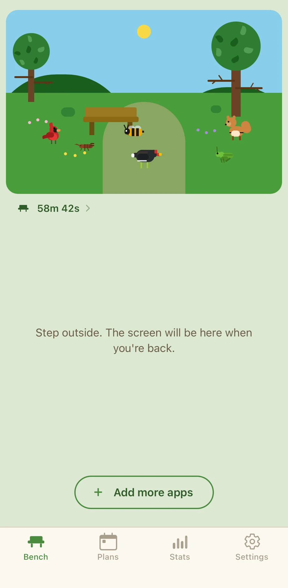 Parkbench home screen showing the focus park scene during an active bench