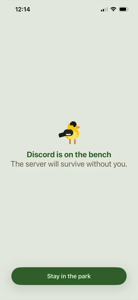 Parkbench block screen for Discord: a goldfinch with “The server will survive without you.”