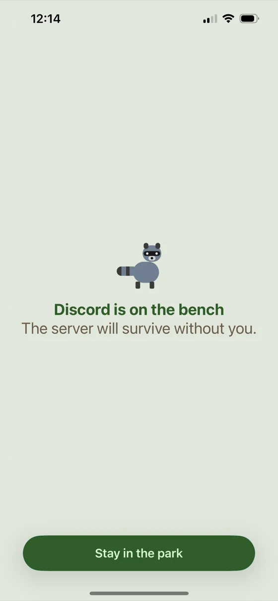 Parkbench block screen for Discord: a raccoon with “The server will survive without you.”