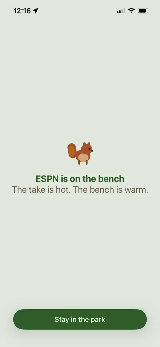 Parkbench block screen for ESPN: a squirrel with “The take is hot. The bench is warm.”
