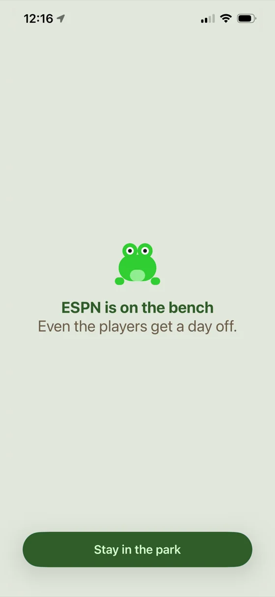 Parkbench block screen for ESPN: a frog with “Even the players get a day off.”