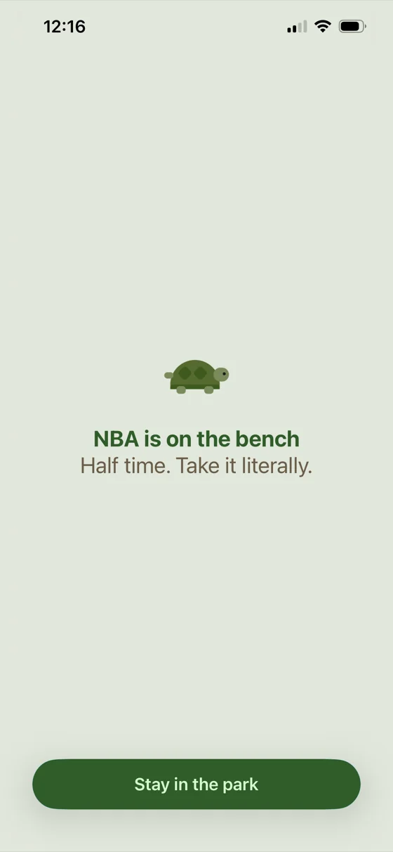 Parkbench block screen for the NBA app: a turtle with “Half time. Take it literally.”