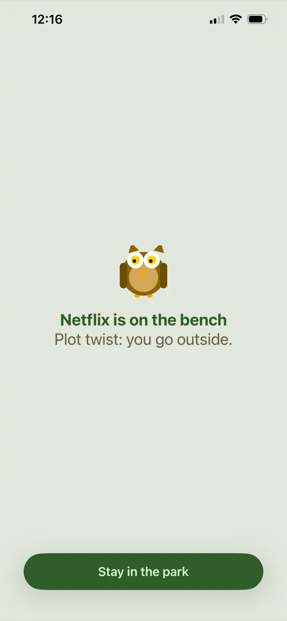 Parkbench block screen for Netflix: an owl with “Plot twist: you go outside.”
